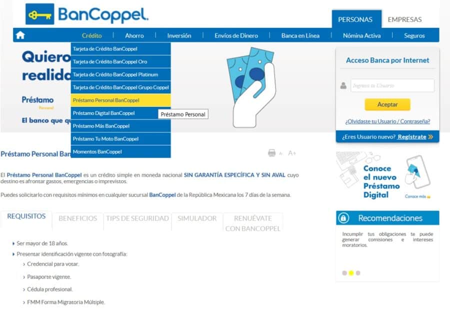 Sitio web de BanCoppel - Requisitos y simulador de préstamos